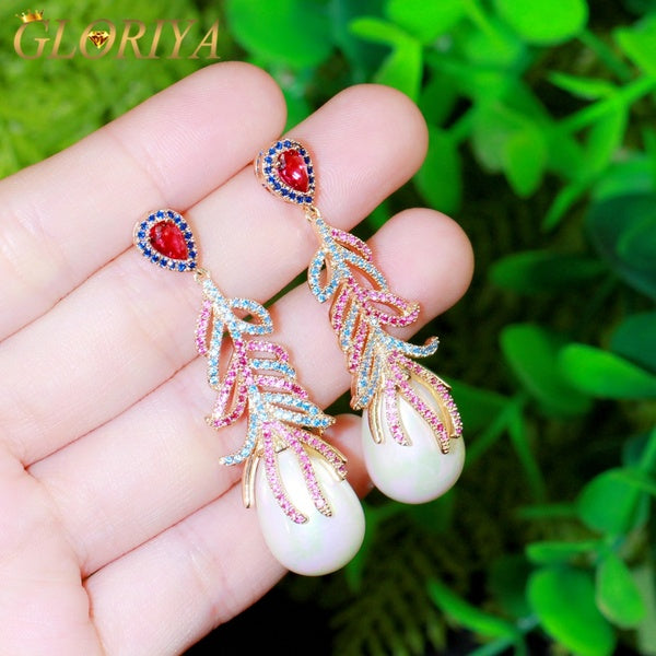 Gloriya European Statement Gold Plated Micro Colorful CZ Hollow Feather Pave Freshwater Pearl Dangle Earrings Jewellery