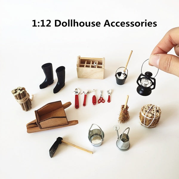 Dollhouse Accessories Mini Wooden Cart-Hoe-Hammer Wrench Toolbox-Kerosene Lamp-Broom-Watering Can 1:12 Scale Miniatures Collection Kids Toy