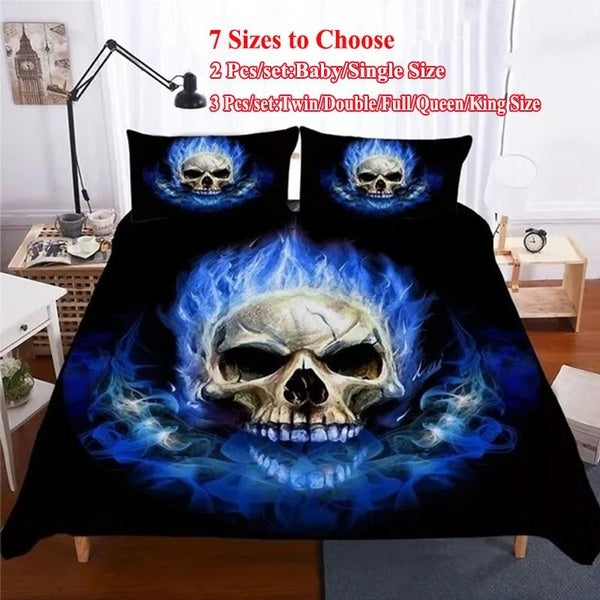Bedroom Decor Flame Skull Bedding Set 3D Digital Printing Blue Fire Skull Duvet Cover Pillowcase Baby Single Twin Double Full Queen King Size(Quantit