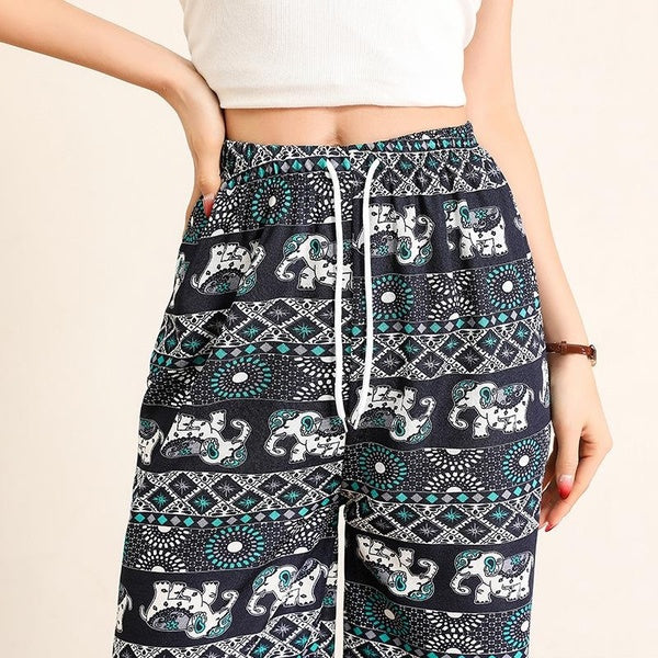 Pantalon pour femme style thaïlandais imprimé éléphant à jambes larges printemps été taille haute amincissant et ample pantalon décontracté tube droi