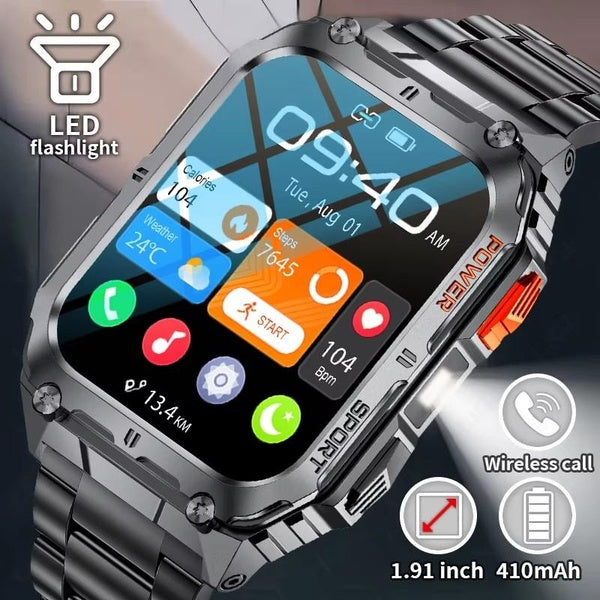 LIGE LED Lampe de poche Montre intelligente Hommes 1.91 '' Écran Moniteur de santé Appel Bluetooth Montres étanches Militaire Sport Smartwatch Homme