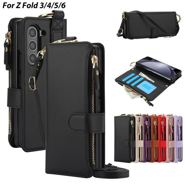 Pour Samsung Galaxy Z Fold 5 6 Fold 4 Z Fold 3 étui de luxe fente pour carte support de téléphone en cuir portefeuille sangle couverture étuis à band