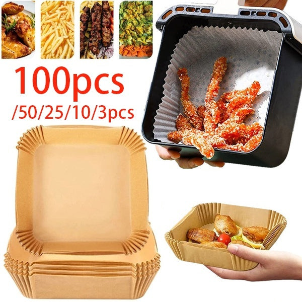 100-50-25-10-3pcs Square Air Fryer Disposable Paper Liner Non-Stick Baking Paper Liners Oil-proof Kitchen Accessories