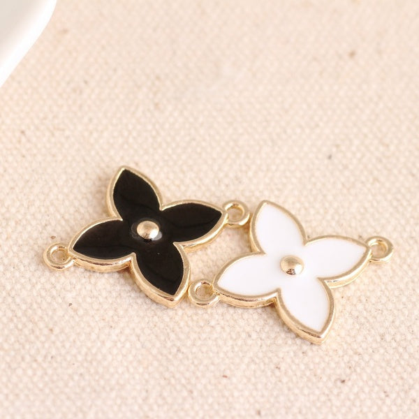 10pcs émail trèfle à quatre feuilles alliage pendentif noir et blanc feuille double trou suspendu charme bracelet à bricoler soi-même collier bijoux