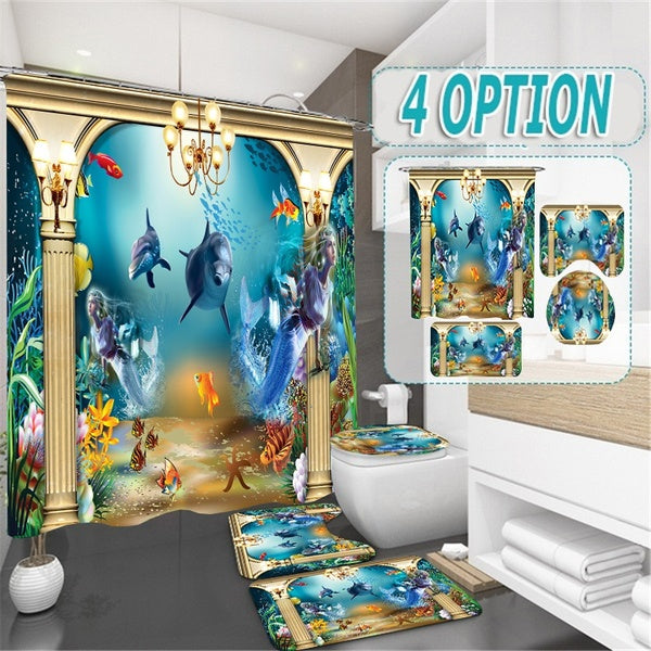 1-3-4 PCS Blue Ocean Deep Sea Dolphin Waterproof Bathroom Shower Curtain Non-Slip Rug Set Pedestal Rug Lid Toilet Cover Bath Mat Shower Curtains for