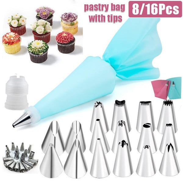 8-16Pcs Set Nozzle Pastry Bag Cake Decorating Tools Confectionery Equipment Kitchen Accessories Reusable Pastry Bag with Tips Set