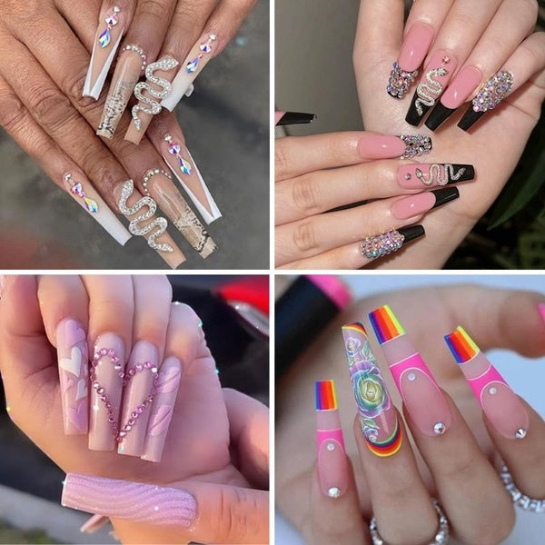 24Pcs Long Ballet Snake Rhinestones False Nails Colorful Roses Full Cover Press on Nails Pink Love Heart Wearable Coffin Fake Nail Tips for Womens Gi