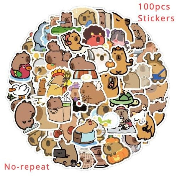 No-repeat 100PCS Cartoon Capybara Waterproof Stickers Cute Animal Graffiti Stickers for DIY Luggage Laptop Skateboard Motorcycle Bicycle Stickers