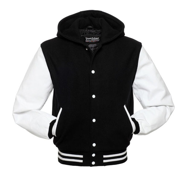 Black & White Hoodie Varsity Wool & Leather Jacket Letterman University Hoodie Jacket With White Rib