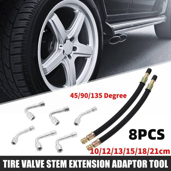 8Pcs Tire Valve Stem Extension 21-18-15-13-12-10cm Dual Valve Stem Extender Pipe Multi Degree 45 90 135 Adapter for Car Truck Motorcycle Bike Trailer