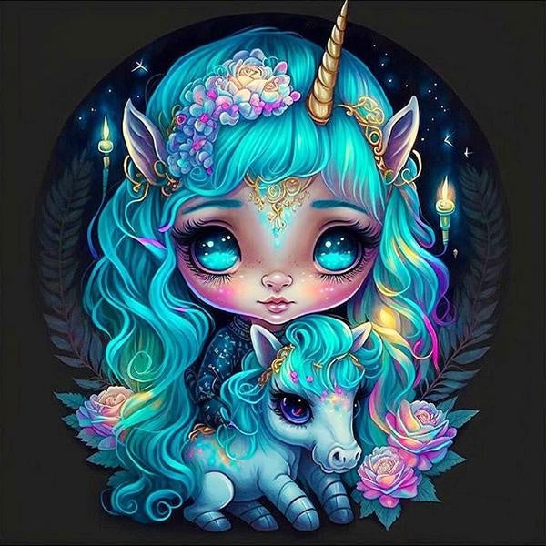FIYO DIY 5D Big-Eyed Girl and Horse Diamond Painting Full Drill with Number Kits Home and Kitchen Fashion Mosaic Diamond Painting Canvas Wall Decorat