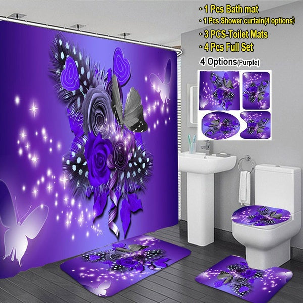 Bathroom Shower Curtain Set 3D Purple Rose Flower Butterfly Waterproof Shower Curtain+ Non Slip Bathroom Pedestal Rug + Toilet Lid Cover + Floor Mat