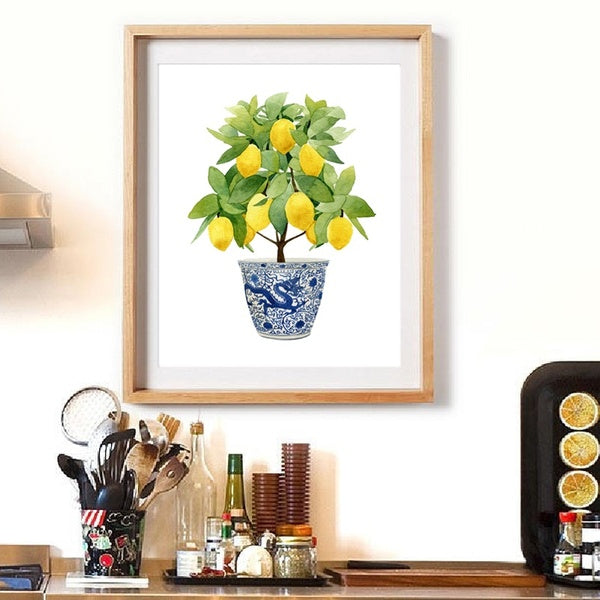 Lemon Print Chinoiserie Planter Bonsai Canvas Prints Zen Decor Oriental Art Blue White Willow Style Lemon Wall Pictures Kitchen Decor No Frame