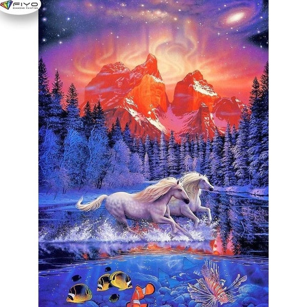 FIYO Horses DIY 5D Diamond Painting Full Drill with Number Kits Home and Kitchen Fashion Mosaic Diamond Painting Canvas Wall Decoration Gift Crafts f