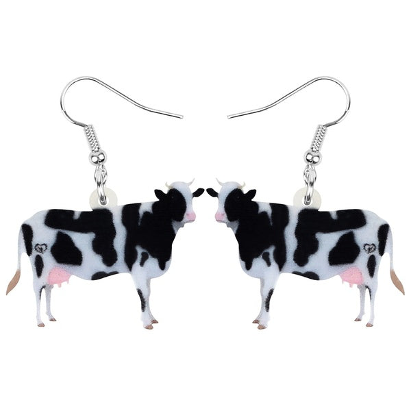 Acrylic Black White Cow Cattle Earrings Drop Dangle Jewelry Farm Animal Pendants Decorations Accessories For Women Ladies Girls Teens Charms Gifts Fa