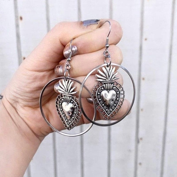 Look ethnique Boucles d'oreilles plaquées argent en forme de caur d'amour pendantes en cercle Boho bohème