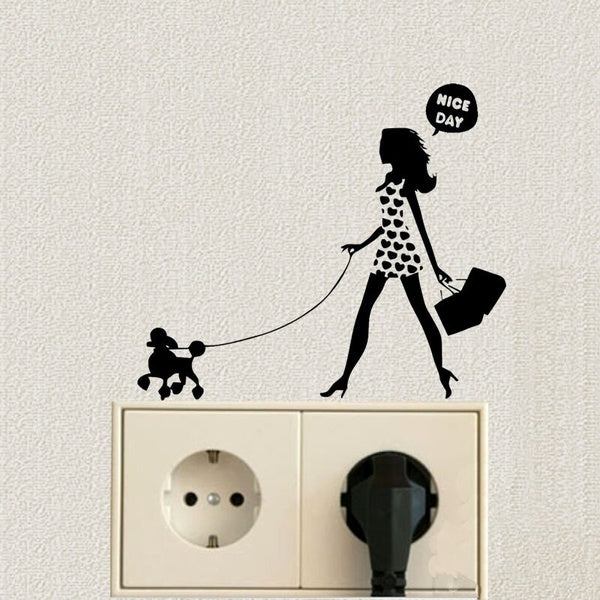 Beautiful Lady Pulling Poodle Switch Stickers Home Decor Living Room Dog Wall Sticker Art