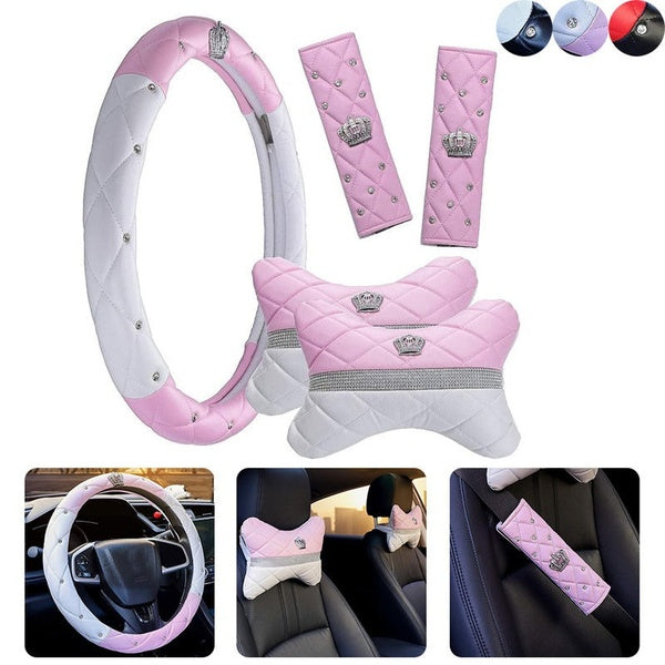 Soft Leather Crystal Steering Wheel Cover with Bling Diamond, Car Neck Pillow and Seatbelt Cover for Women Car Interior Decoration