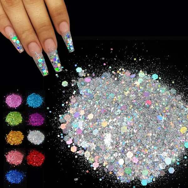 10 Colors Holographic Chunky Glitter Sequins 50g Body Nail Face Cosmetic Hexagon Bling Glitters for Party Makeup Accessories, DIY Handicrafts, Phonec