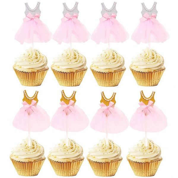 5pcs Glitter Princess Girls Dress Cupcake Topper for Wedding Birthday Baby Shower Party Decorations