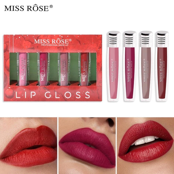 Miss Rose 4Color-Set 24-Hour Waterproof Velvet Matte Liquid Lipstick Lipgloss Long Lasting Makeup Beauty Velvety Glaze Lip Stick Lip Gloss Cosmetics