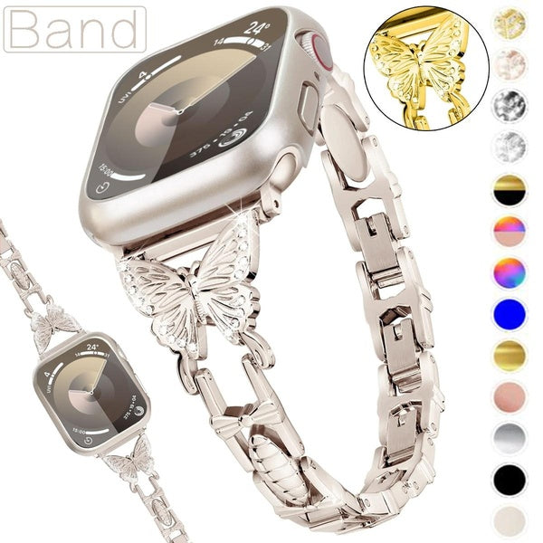 Metal Strap for Smart Watch Ultra 2-Ultra 49mm 9 8 7 45mm 41mm Women Diamond Butterfly Band Belt Wristband Bracelet Accessories for SmartWatch Series