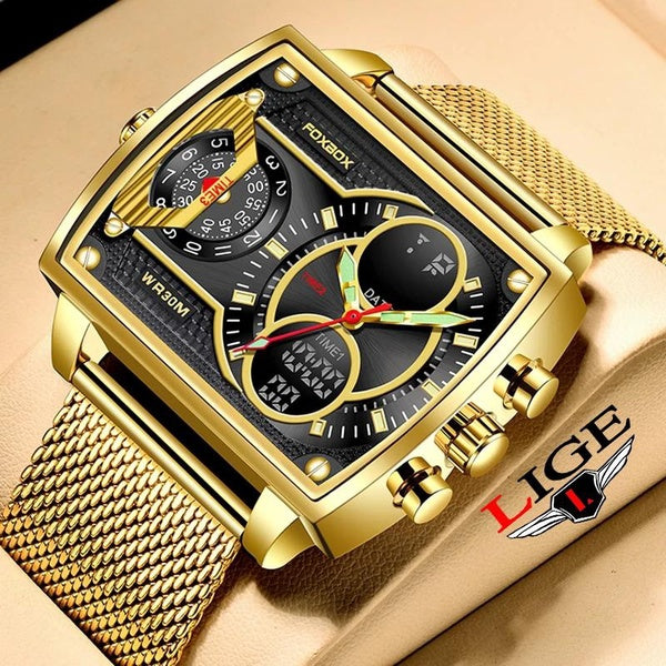 2023 LIGE Top Marque De Luxe Hommes Montre FOXBOX Mode Carré Montre Hommes Casual Sports Étanche Double Affichage Montre Relogio Masculino + Boîte