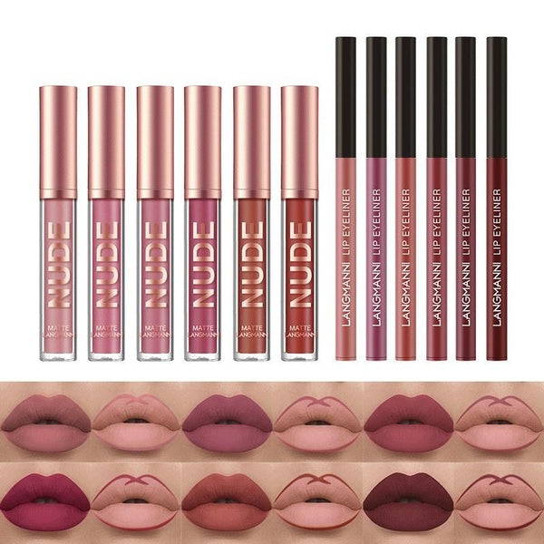 12 Pcs Set Matte Liquid Lipstick and Lip Liner Set, Non-Stick Cup Not Fade Waterproof Nude lipstick Makeup Kits Velvety Nude Lipliner Lip Gloss Make