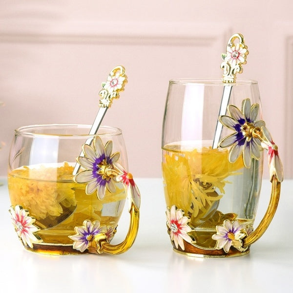 Enamel Coffee Tea Cup Mug 3D Flowers Glass Cups Wedding Gift Novelty Elegant Carved Cup with Spoon