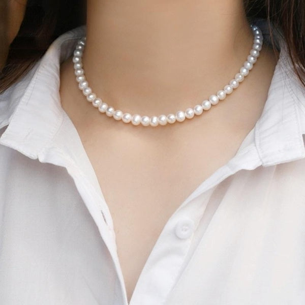 Elegant Ladies Choker Necklace 925 Sterling Silver Beaded Pearl Necklace for Women Temperament Jewelry