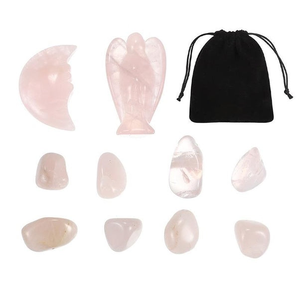 10Pcs Rose Quartz Healing Crystal Set, Angel- Moon- Raw Stones Pink Crystal Worry Stone Set for Yoga Meditation Spiritual Healing Release Stress