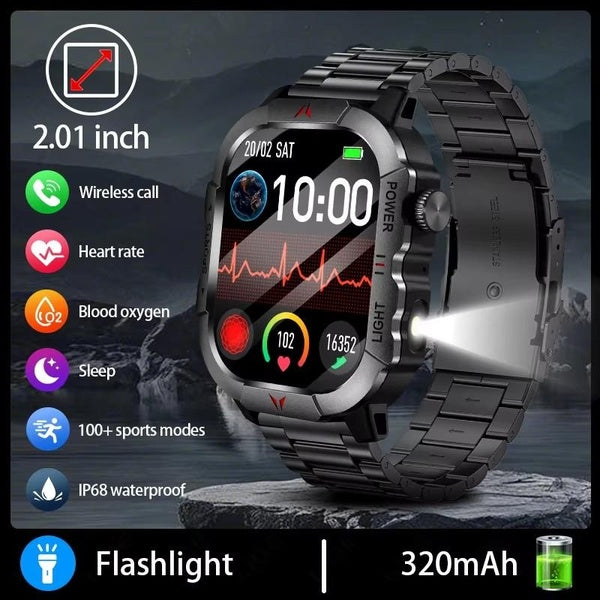 LIGE LED Flashlight Men Smart Watch Waterproof Watches 2.01-inch HD Screen Health Bracelet Military Outdoor Sport Smartwatch Man