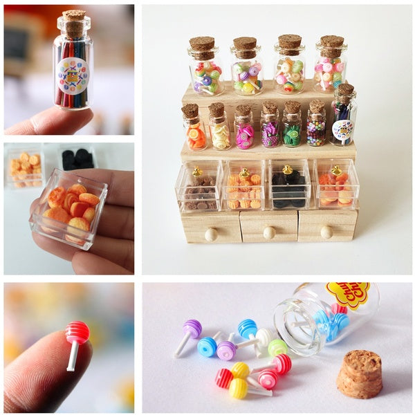 1:12 Dollhouse Accessories Mini Lollipops-Fruit Slices-Cookies-Crayons in Glass Bottles Miniatures Collection Kids Toy