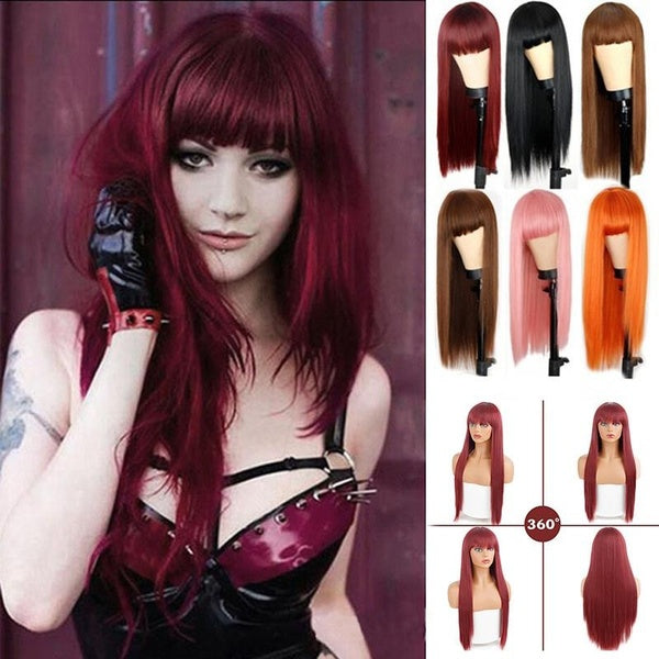 Women Heat Resistant Hair Long Wine Red Straight with Bangs Synthetic Hair Wigs Bang with Wig Fashion Cosplay Full Wig Wigs+Wig Net