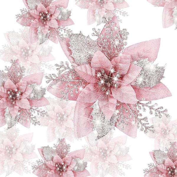 10 Pcs Christmas Glitter Poinsettia Flower, Artificial Xmas Trees Glitter Decor Flowers Christmas Ornaments Flowers for Xmas Tree Wedding Party New Y