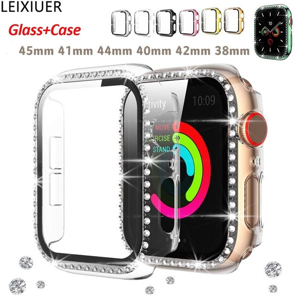 LEIXIUER Diamond Case with Tempered Glass Screen Protector for Apple Watch Series 9 8 7 SE 6 5 4 3 2 1 41mm 45mm 44mm 40mm 42mm 38mm Women Girl Watch