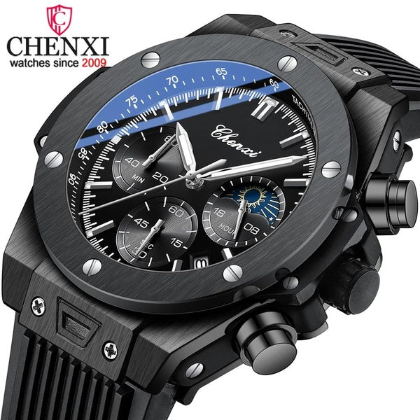 CHENXI Bracelet En Silicone Montre De Sport Hommes De Luxe Chronographe Lumineux Étanche Montre-Bracelet D'affaires Phase De Lune Date Quartz Montres