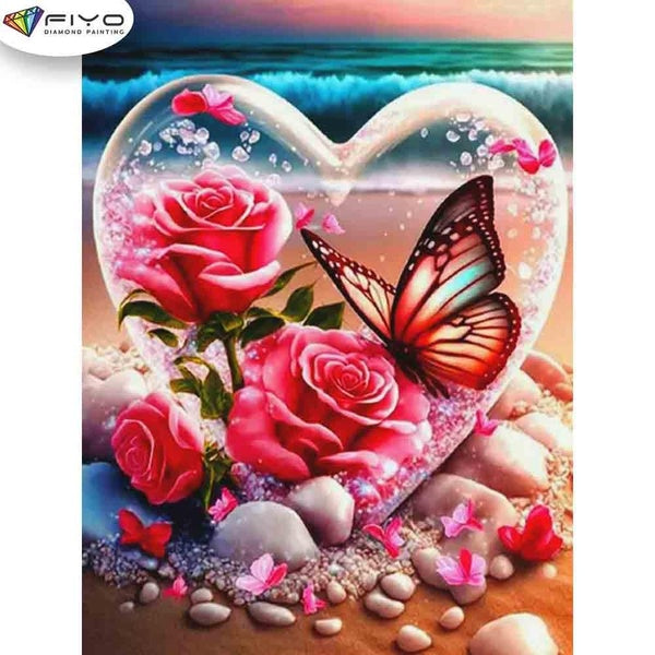 FIYO Beach Roses and Butterflies Diamond Painting Kits For Adults DIY 5D Diamond Mosaic Diamond Painting Home and Kitchen Fashion Canvas Pictures Wal