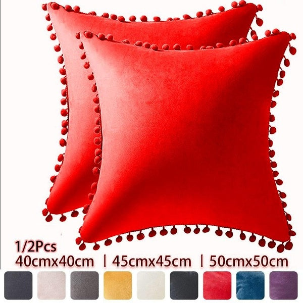 1pc-2pcs Velvet Throw Pillow Case Covers Decorative Square Pillowcase with Pom-poms Soft Solid Cushion Case for Sofa Bedroom Car (40cm X 40cm,45cm X
