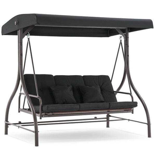 Mcombo 3-Seat Outdoor Patio Swing Chair, Adjustable Backrest and Canopy, Porch Swing Glider Chair, w-Cushions, 4068(Black£