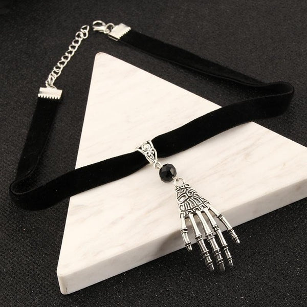 Skull Charms Skeleton Hand Choker Gothic Necklace Witch Pagan Black Faux Suede Cord Collar Jewelry Clavicle Chain