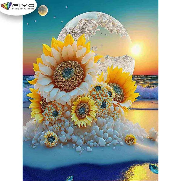 FIYO Beach Sunflower Diamond Painting Kits For Adults DIY 5D Diamond Mosaic Diamond Painting Home and Kitchen Fashion Canvas Pictures Wall Decoration