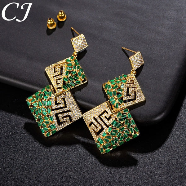 CANDICE Bijoux de mariée indiens dorés sertis de pavés de pierres CZ vertes creuses longues boucles d'oreilles pendantes carrées accessoires de maria