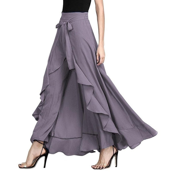 Women's Fashion Tie-Waist Solid Color Ruffle Palazzo Pants Casual Skirts Pant Long Party Maxi Dress Long Trousers Plus Size