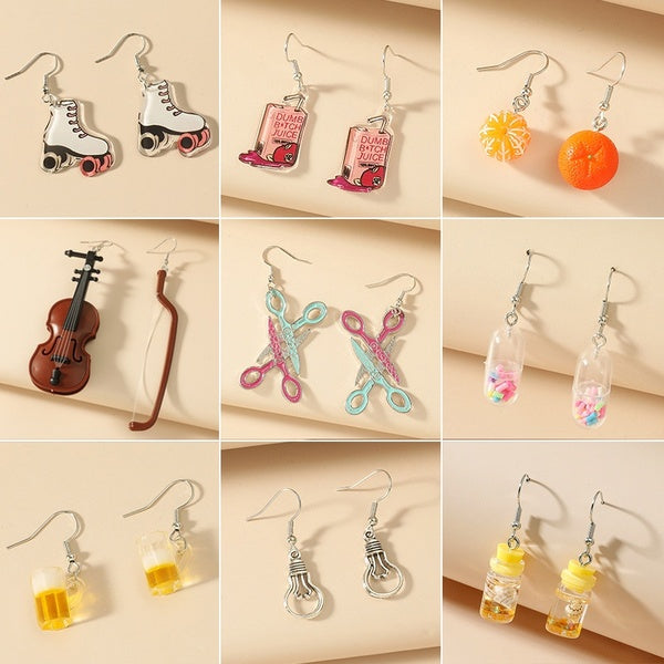 Cartoon Roller Skates Acrylic Earrings Violin Dangle Earrings Funny Bottle Scissors Beer Orange Drop Earrings Cute Earrings Jewelry Fashion Accessori