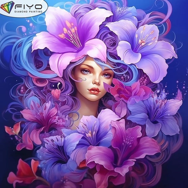 FIYO DIY 5D Woman Flower Diamond Painting Full Drill with Number Kits Home and Kitchen Fashion Mosaic Diamond Painting Canvas Wall Decoration Gift Cr