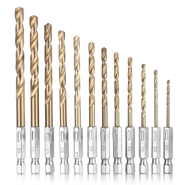 13pcs HSS Haute Vitesse En Acier Hex Shank Titane Enduit Twist Drill Bits Set 1.5-6.5mm