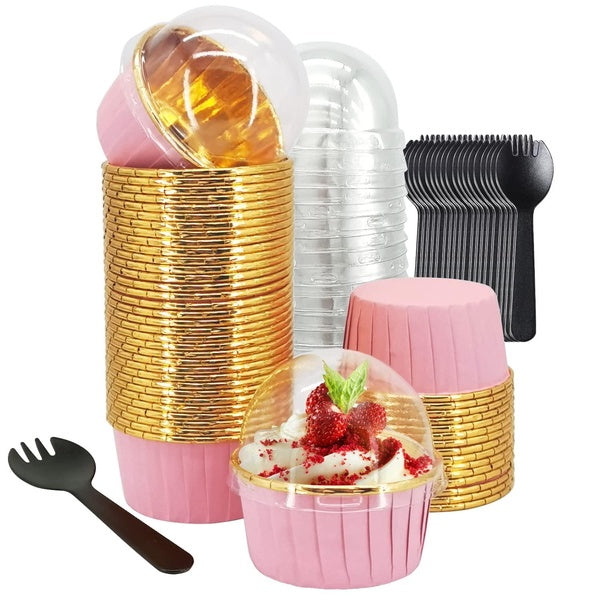 Cupcake Liners With Lids 50 Pack, 5.5 Oz Large Foil Cupcake Cups Muffin Tins,Disposable Baking Cups Muffin Liners Cupcake Wrappers Holders For Weddin