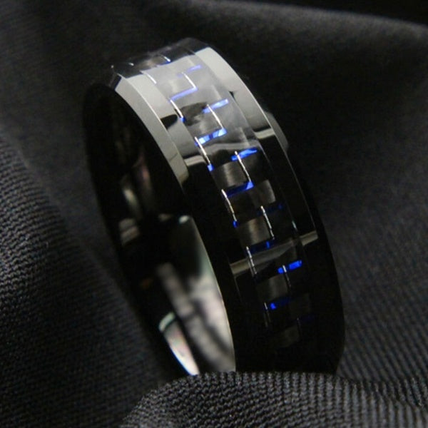8mm Black Tungsten Carbide Ring Inlay Blue Carbon Fiber Wedding Band Men's Jewelry