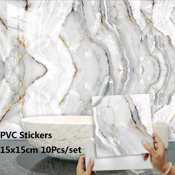 10Pcs-set Grey Gold Marbling Tile Transfer Stickers Kitchen Bathroom Peel and Stick Wall Decor